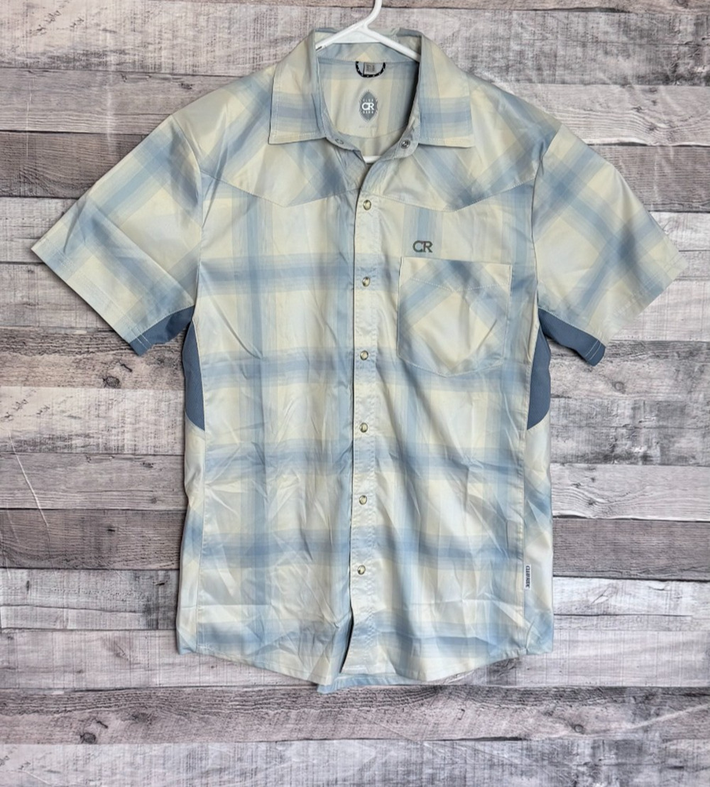 Club Ride New West Pearl Snap Cycling Shirt Mens Small Blue Beige Plaid